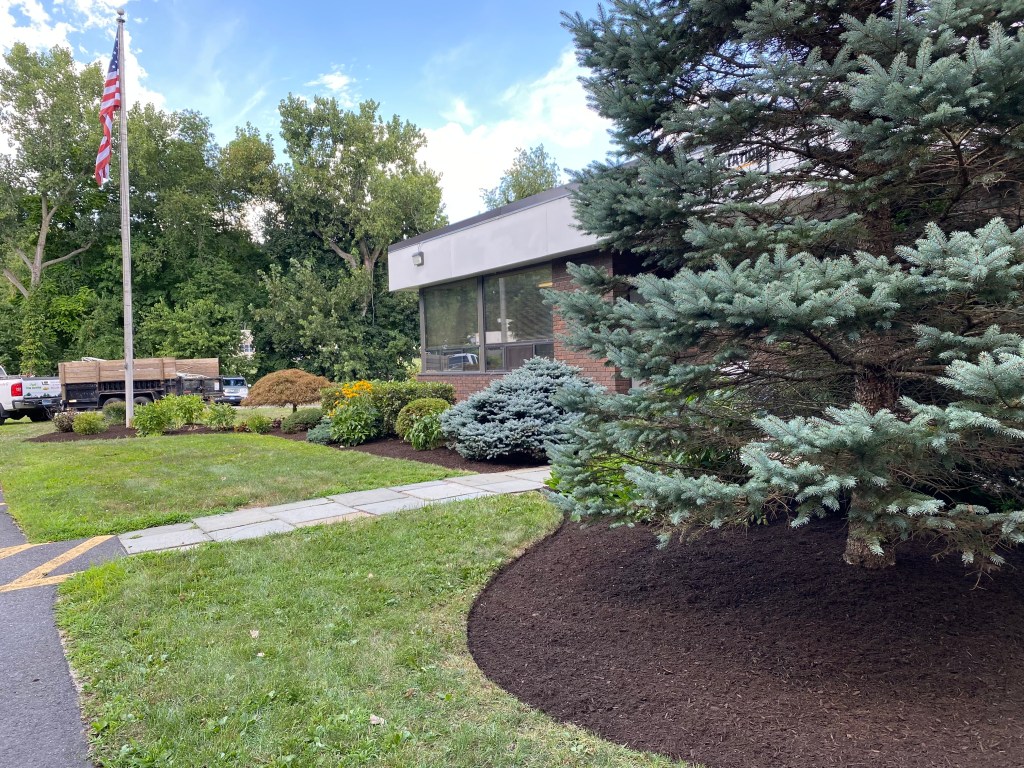 657C1318-97CF-43C3-90EA-635E5F13A440 | Larson’s Garden Center and Landscaping Landscape view featuring a building with large windows, surrounded by green grass and various shrubs, with a flagpole displaying the American flag on the left side.